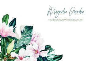 aquarel magnolia bladeren en bloemen, felle kleuren, hoekframe, handgetekende vectorillustratie vector