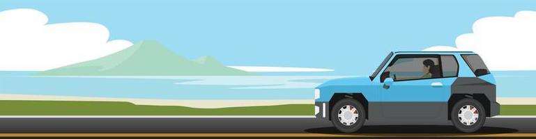 travaling van suv auto blauwe kleur rijden op tha asfaltweg. pad ter grootte van een oceaanstrand, met zandstranden en een achtergrond van een eiland onder een blauwe lucht. illustrator en vector voor zomerposters.