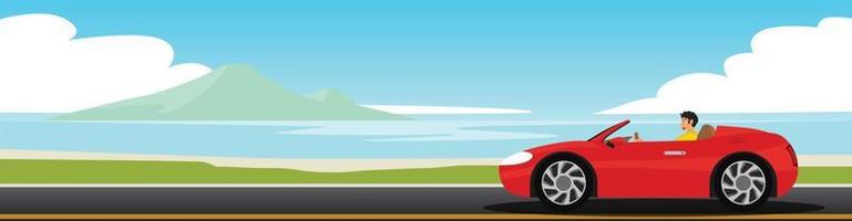 travaling van sport rooster auto rijden op tha asfaltweg. pad ter grootte van een oceaanstrand, met zandstranden en een achtergrond van een eiland onder een blauwe lucht. illustrator en vector voor zomerposters.