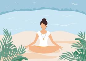 vrouw mediteren op het strand. gezonde levensstijl, training in de open lucht. vector illustratie