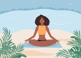 Afro-Amerikaanse vrouw mediteren in de natuur, meditatie op het strand. gezonde levensstijl, openluchttraining, yogales. vector illustratie