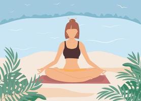 vrouw mediteren in de natuur, meditatie op het strand. gezonde levensstijl, openluchttraining, yogales. vector illustratie