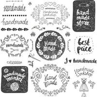 vector set hand getrokken doodle frames, badges. handgemaakt, workshop, handgemaakte winkel grafische ontwerpset. kunsten en ambachten, pictogrammen, logo's, badges geïsoleerd, belettering