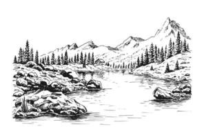 berg met pijnbomen en meerlandschap. handgetekende illustratie geconverteerd naar vector.