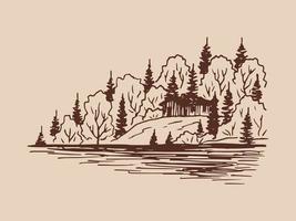 landschap, meer, huis en pijnbomen. hand getrokken schets illustratie vector