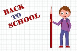 school horizontale banner met inscriptie terug naar school. papier in kooi, schattige schooljongen met rugzak. opleiding, onderwijs. sjabloon folder, advertentie. stripfiguur vector