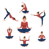 mooie vrouw die yoga-oefeningen doet. set van zeven yogahoudingen voor gemakkelijke yoga thuis. set om thuis te sporten vector