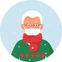 oudere man, grootvader met bril, winterkleren en medisch masker. winterse achtergrond. persoonlijke beschermingsmiddelen. maskermodus en sociale afstand, pandemie, covid-19 vector