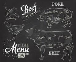 krijtillustratie van een vintage grafisch element op het menu voor vlees biefstuk koe varken kip verdeeld in stukjes vlees