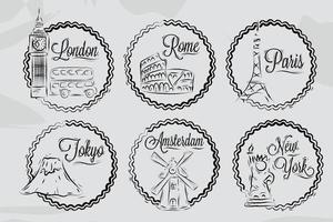 pictogrammen met wereldsteden, londen, new york, rome, amsterdam, tokyo, parijs, gestileerde tekening met krijt op een schoolbord, een frame in ronde frame op een witte achtergrond. vector