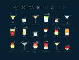 poster plat cocktailsmenu met glas, recepten en namen van cocktailsdranken die horizontaal op donkerblauwe achtergrond tekenen