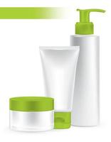 samenstelling van verpakkingscontainers groene kleur, crème, schoonheidsproducten set. vector