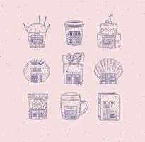 set storefront zoetwaren, koffie, bakkerij, groente, boek, Aziatisch eten, apotheek, bar, viswinkel tekening in vintage stijl met blauwe lijnen vector