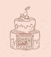 cake een etalage van zoetwaren tekening in vintage stijl op perzik kleur achtergrond vector