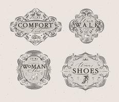 schoenenlabels vintage met inscripties comfort sneakers, warme wandeling, vrouwenschoeisel tekenen in retrostijl op beige achtergrond vector
