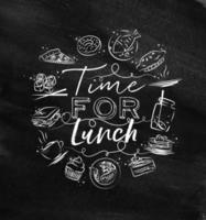 tijd voor lunchmonogram met voedselpictogramtekening met krijt op bord vector