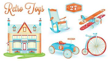 retro speelgoed poppenhuis, fiets, auto, vliegtuig, stoel, gestileerd vintage speelgoed, baby vector