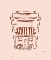 cup to go een etalage van café tekenen in vintage stijl op perzikkleurige achtergrond vector