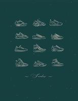 mannen schoenen verschillende soorten sneakers set tekening in vintage stijl op groene achtergrond vector