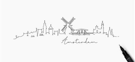 stad silhouet amsterdam in pen lijnstijl tekening met zwarte lijnen op witte achtergrond vector