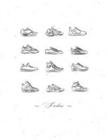 mannen schoenen verschillende soorten sneakers set tekening in vintage stijl op witte achtergrond