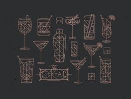 art deco cocktails set tekening in lijnstijl op donkere achtergrond vector