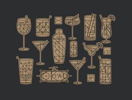 art deco cocktails set tekening in lijnstijl met vulling goud op donkere achtergrond vector