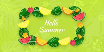 Hallo zomer. horizontale banner met tropische bladeren, planten, trendy bloempatches en plakjes citroen en sinaasappel. vector illustratie