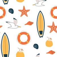 zomer patroon. vector naadloos patroon met zomersymbolen, zoals surfplank, zeemeeuw, reddingsboei en zeester. geïsoleerd op wit.