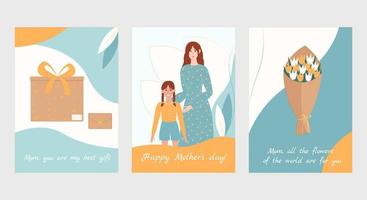moederdag concept set. drie wenskaarten voor moederdag. een cadeau, een boeket tulpen en een moeder met dochter in blauwe en gele kleuren. schattige vectorillustratie in vlakke stijl. vector