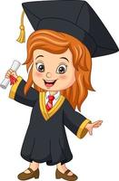 cartoon klein meisje in afstudeerkostuum met een diploma