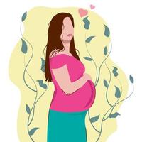 gelukkige zwangere vrouw houdt haar buik vast. versierde mooie bladeren. versierde mooie bladeren. vectorillustratie. vector