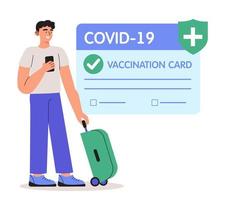 vectorillustratie van een man die een gezondheidspaspoort van vaccinatie gebruikt voor covid-19. veilig reizen in pandemie. concept van vaccinatiecertificaat, coronavirusvaccin, covid-19 identiteitskaart-app.