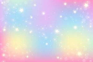 regenboog fantasie eenhoorn achtergrond. holografische illustratie in pastelkleuren. leuke cartoon girly achtergrond. heldere veelkleurige hemel met sterren. vector. vector