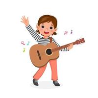 schattig klein meisje gitaar spelen en zingen zwaaiende hand met lachende gezichtsuitdrukking vector