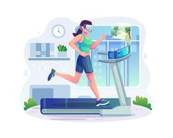 vr-sportconceptillustratie met een jonge vrouw die thuis een vr-headsettraining op een loopband draagt. vrouw draait op simulator loopband met vr-technologie. platte vectorillustratie vector