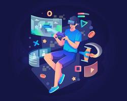 een jong mannelijk personage dat een vr-headset draagt en een gamepad vasthoudt, speelt een videogame. virtueel augmented reality-technologieconcept. platte vectorillustratie vector