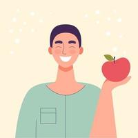 de man eet een appel. dieetvoeding, gezonde levensstijl, vegetarisch eten, raw food dieet. studentenhapje. platte cartoon vectorillustratie. vector