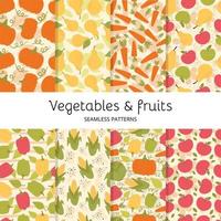 vector naadloze patronen instellen met schattige groenten en fruit. pompoen, peper, paprika, maïs, wortelen, appels, peren. vegetarisch, vitamines. met de hand getekende vlakke afbeelding