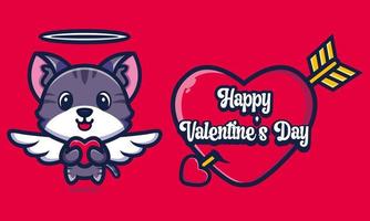 schattige kat die een hart omhelst met gelukkige valentijnsdaggroeten vector