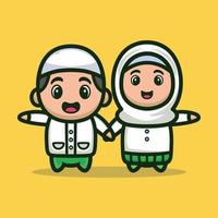 schattige moslim jongen en meisje vectorillustratie, ramadhan mascotte stripfiguur vector