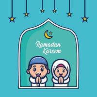 ramadan wenskaart met schattige cartoon moslim vector