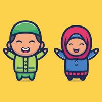 schattige moslim jongen en meisje vectorillustratie, ramadhan mascotte stripfiguur vector