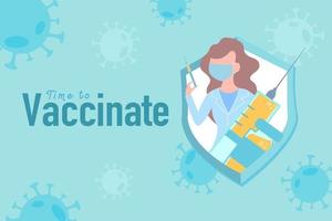 coronavirus vaccin.tijd om te vaccineren.covid-19 preventie.dokter die medisch masker draagt dat een spuitvaccin vasthoudt om het virusconcept te beschermen.platte ontwerp vectorillustratie.stop coronavirus. vector