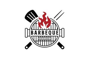 grill barbecue met gekruiste spatel en vork en vuurvlam logo-ontwerp vector