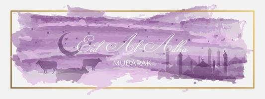 islamitische eid al adha banner met aquarel penseelstreek achtergrond en gouden frame vector