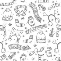 handgetekende winterkleding. naadloos patroon. eindeloze sieraad. vectorillustratie in doodle stijl. winterse stemming. hallo 2023. prettige kerstdagen en gelukkig nieuwjaar. zwarte elementen op een witte achtergrond. vector