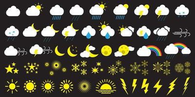 set weersomstandigheden pictogrammen in cartoon stijl. geschikt voor webdesign-elementen. wolken, zonnige dag, maan, sneeuwvlokken, wind, zondag, regenboog, enz. vectorillustratie. vector