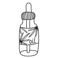 flesje hennep of cbd olie. doodle schets hand getrokken vectorillustratie en belettering op witte achtergrond. geïsoleerde schets. alternatief medicijn. vector