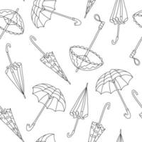 naadloos patroon met open en gesloten paraplu's op witte achtergrond. geweldig voor stoffen, inpakpapier, behang, covers. doodle stijl illustratie in zwarte inkt. vector